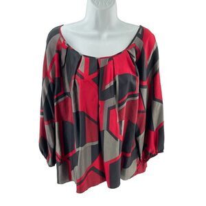 Anne Klein silk top blouse geometric print flowy Large pleated red gray grey bla